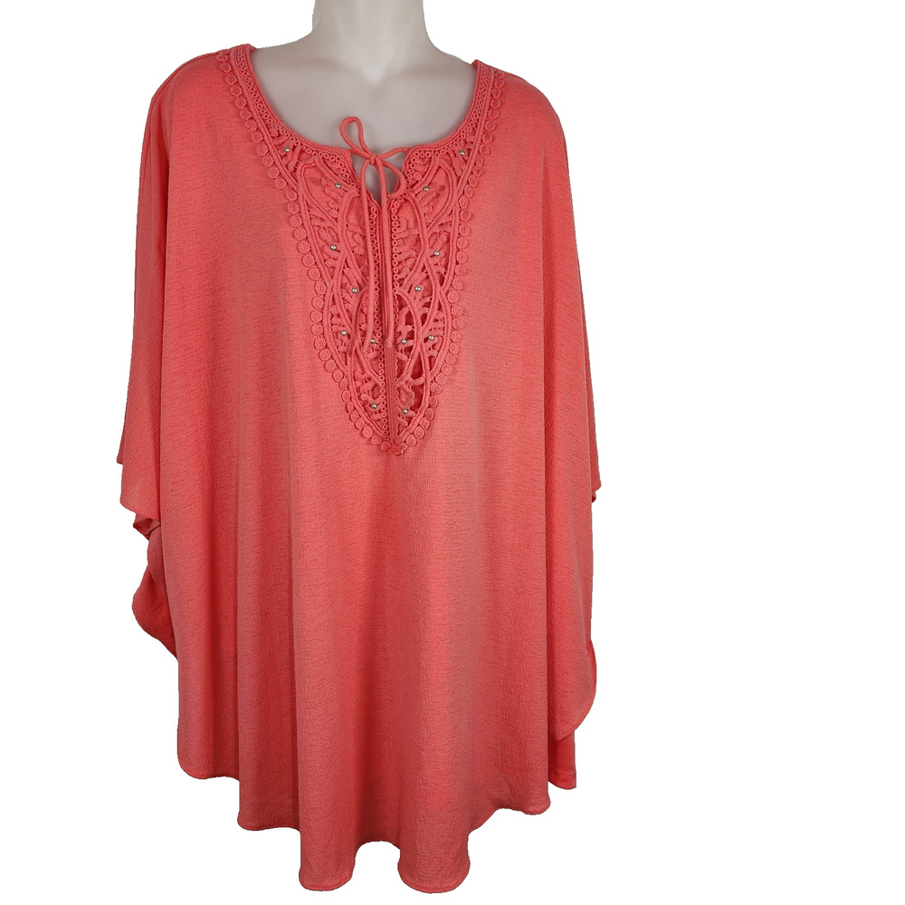 Catherines Top 3X Knit Coral Beaded Crochet Tie Neck Kimono Sleeve Textured
